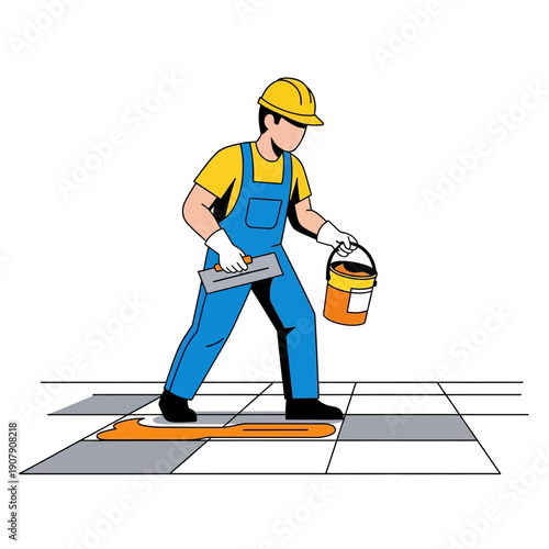 Floor installer applying adhesive to tiles with trowel illustration