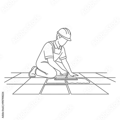 Floor technician precisely aligning ceramic tiles during a new installation