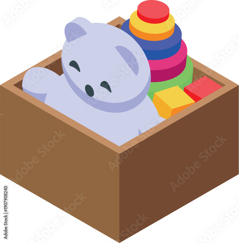 Colorful toys including stacking rings, blocks, and a plush bear are neatly arranged inside a wooden toy box, promoting organization and imaginative play