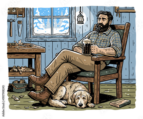 Cozy Vintage Illustration of Bearded Man Relaxing with Dog and Beer in Rustic Winter Workshop. Retro Woodworker Print Graphic for Poster Design.
