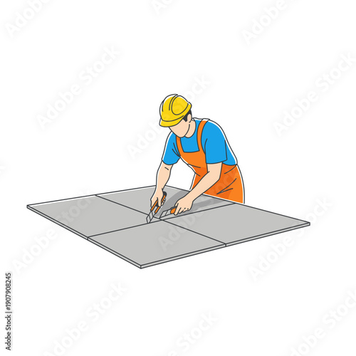 Flooring installer using utility knife to cut large floor tiles