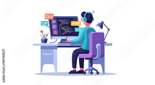 Programmer wearing headphones works diligently at a desk, focusing on complex code displayed brightly on a modern desktop computer monitor in a minimalist workspace.