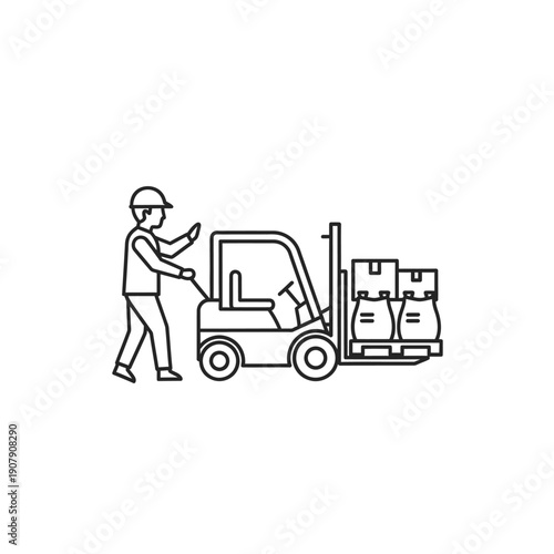 Forklift operator maneuvering heavy cargo pallet with manual lever control