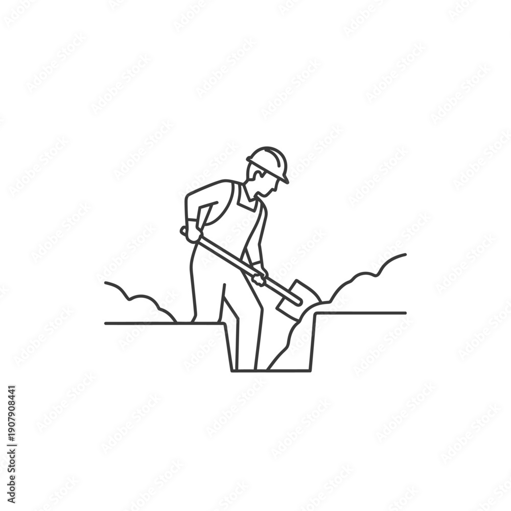 Obraz premium Groundwork laborer digging narrow trench with manual shovel