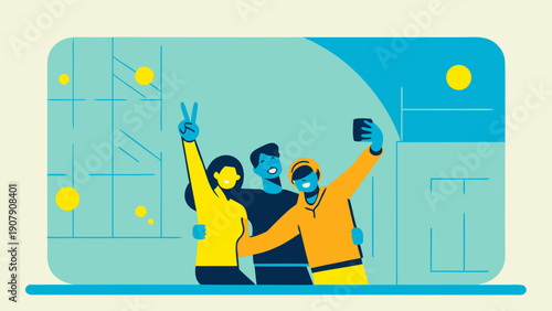 Diverse group of friends posing with peace signs and taking selfie in modern urban setting with vibrant colors