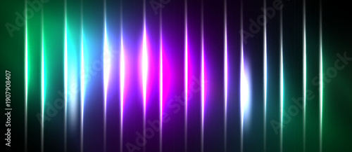 Vertical glowing lines span width. Colors transition from green, teal, purple, pink, white against black background. Bright, vibrant.
