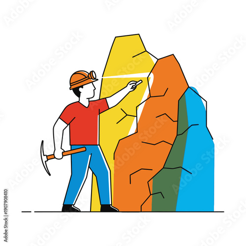 Geologist or miner marking colorful mineral deposits on a rock face