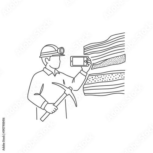 Geologist photographing rock strata with smartphone in mine