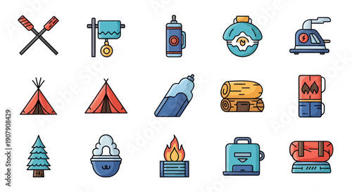 Camping and outdoor adventure icons illustration set for design elements