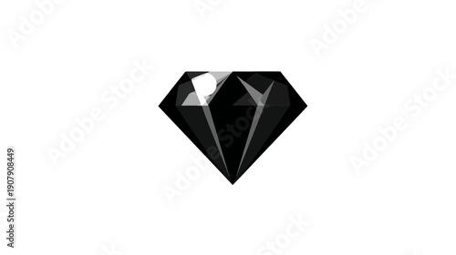 A black, faceted gemstone, depicted with highlights and shadows, isolated against a white background