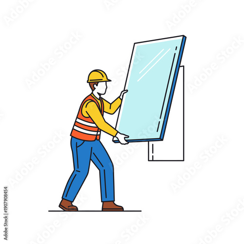 Glazier installing large glass pane into window frame on site