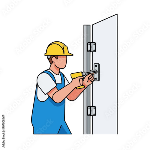 Handyman installing door hinges using electric power drill