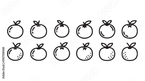 Orange Icons Set, Simple Line Art Fruit Graphics, Fresh Food Symbols