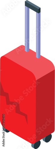 Red rolling suitcase with a large crack, representing damaged luggage during travel