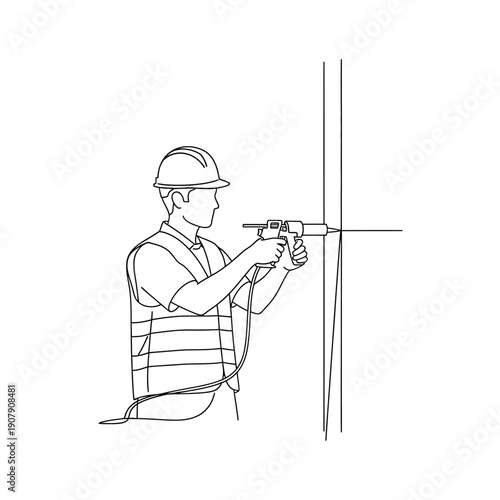 Handyman applying sealant with caulking gun on wall surface line art