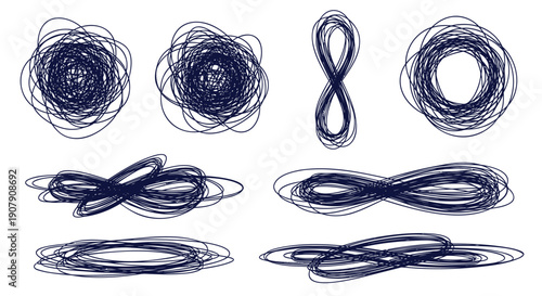navy blue scribble loop shapes, abstract vector graphics, swirling lines, infinity symbols, decorative elements, for design or artistic projects, isolated on transparent background, png