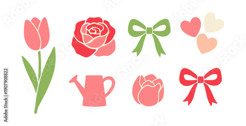 Floral and feminine icon set with tulip rose ribbon bow and hearts in soft pink and green colors for wedding and valentine day decorations vector.