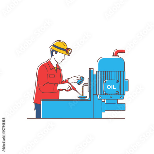 Industrial mechanic monitoring oil levels in a large hydraulic machine motor