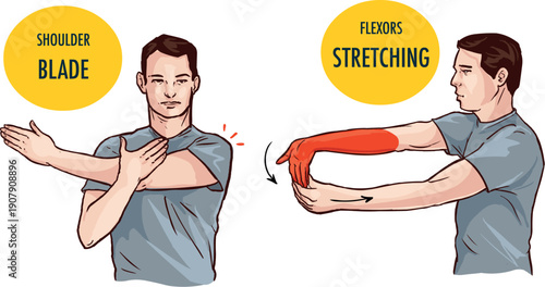 Man stretching , arms and shoulders. hand. Flat vector illustration isolated on white background stock illustration
