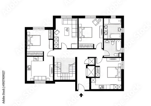 Residential Building Blueprint with Detailed Floor Plan and Interior Layout Illustration