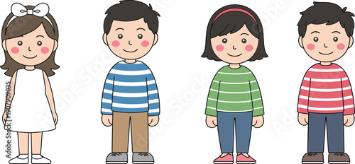 Set of four cute diverse children cartoon characters including boys and girls wearing colorful striped shirts and a white dress. (Exactly 20 words)