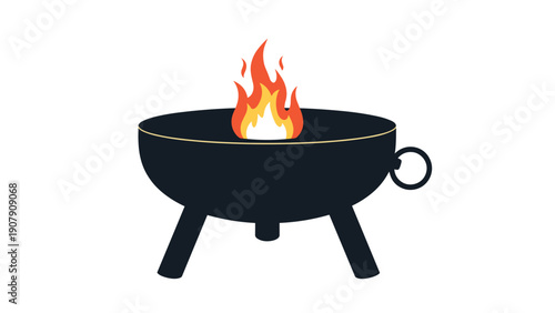 Black metal fire pit with three legs containing a small orange flame against a clean white background ideal for outdoor camping concepts.
