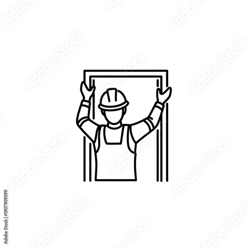 Installer fitting large glass window or frame line art