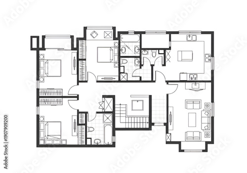Vector Illustration of House Apartment Villa 2D Floor Plan Black White Furniture Included