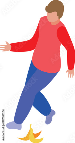 Person slipping on banana peel, falling down, accident isometric icon