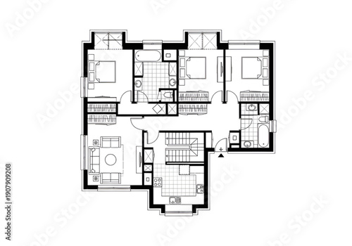 Vector Illustration of House Apartment Villa 2D Floor Plan Black White Furniture Included
