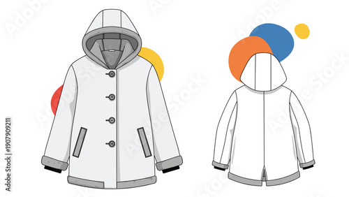 Technical drawing showing the front and back views of a white winter coat with a hood buttons and grey cuffs and hem details.