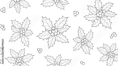 Seamless black and white pattern composed of delicate ink sketches of holly leaves and berry clusters repeated on a plain background.
