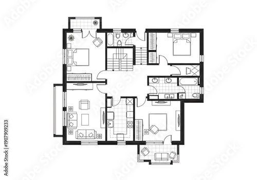 Vector Illustration of House Apartment Villa 2D Floor Plan Black White Furniture Included