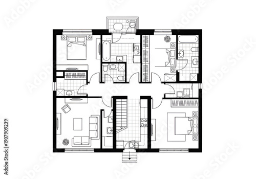 Vector Illustration of House Apartment Villa 2D Floor Plan Black White Furniture Included