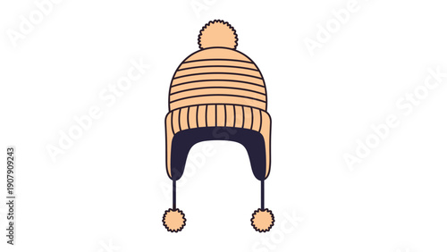 Peach-colored knitted winter hat with a large top pom-pom and earflaps ending in smaller pom-poms on a white background.