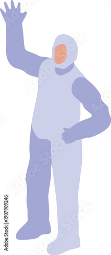 Scientist in a clean suit waving, expressing positivity and safety in a scientific setting