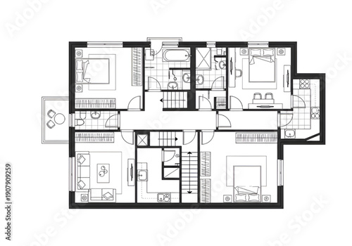 Detailed 2D Architectural Floor Plan in Black and White Vector Interior Layout Design