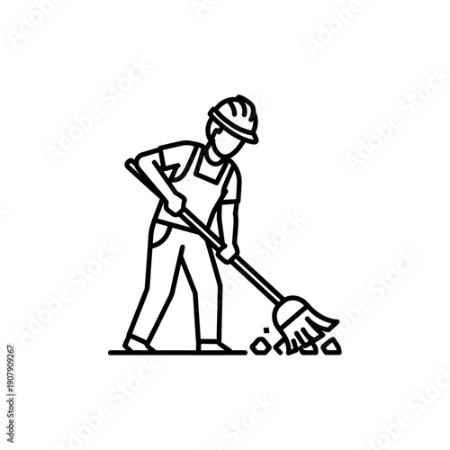 Janitor sweeping construction debris with floor broom outline