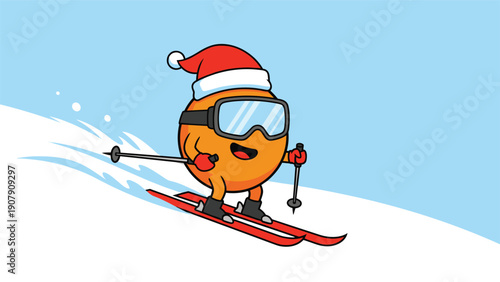 Animated orange fruit character wearing a Santa hat and goggles while skiing down a snowy slope during a bright winter day.