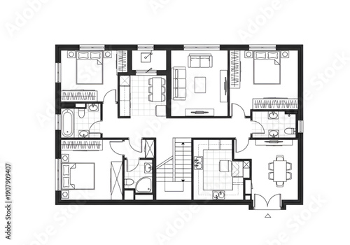2D Floor Plan Black and White House Apartment Villa Layout with Furniture Vector