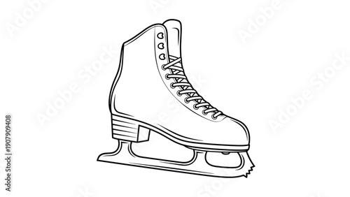 Detailed line art of a classic figure ice skate boot with laces and a sharp steel blade for recreational skating or professional sports.