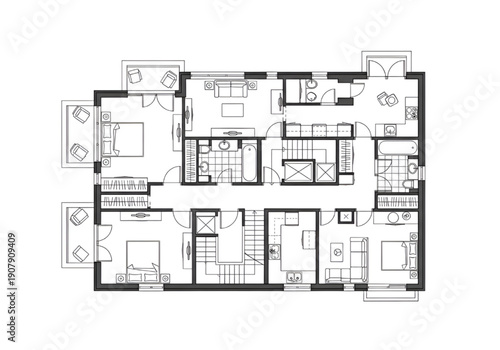 2D Floor Plan Black and White House Apartment Villa Layout with Furniture Vector