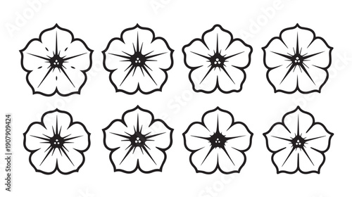 Set of Eight Black and White Petunia Flower Icons Isolated on White