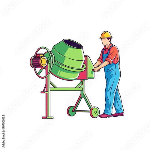 Laborer operating portable concrete mixer on construction site