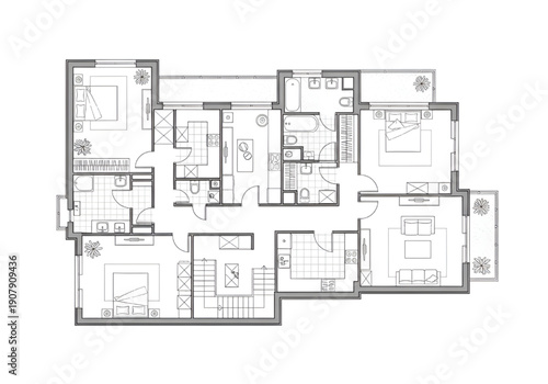 2D Floor Plan Black and White House Apartment Villa Layout with Furniture Vector
