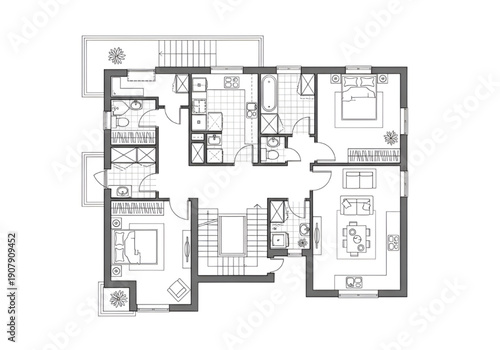 2D Floor Plan Black and White House Apartment Villa Layout with Furniture Vector