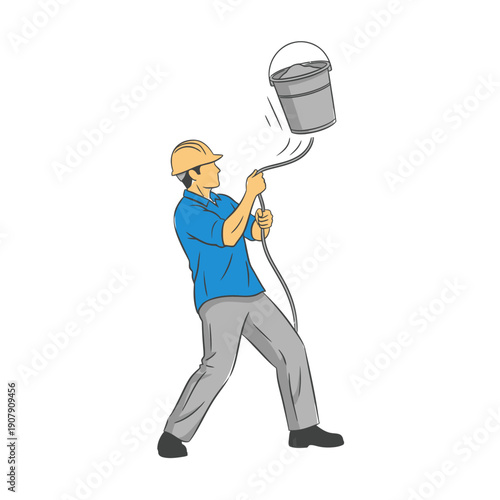 Laborer pulling a rope to hoist a heavy bucket of materials