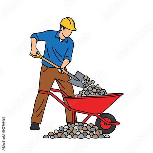 Laborer shoveling gravel into red wheelbarrow on site