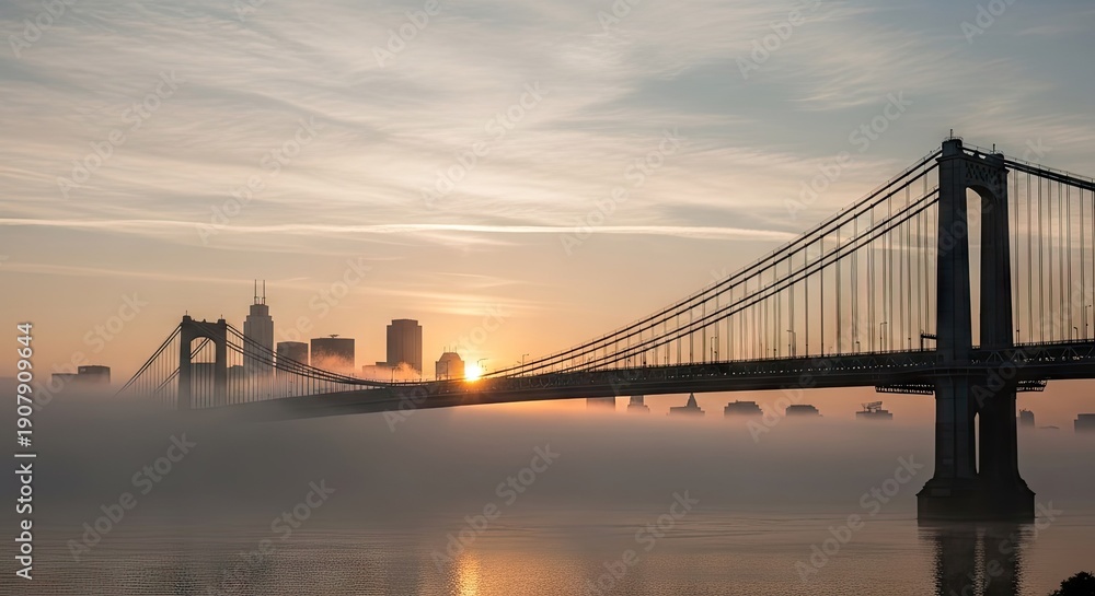 Obraz premium Foggy Cityscape at Dawn with Suspension Bridge