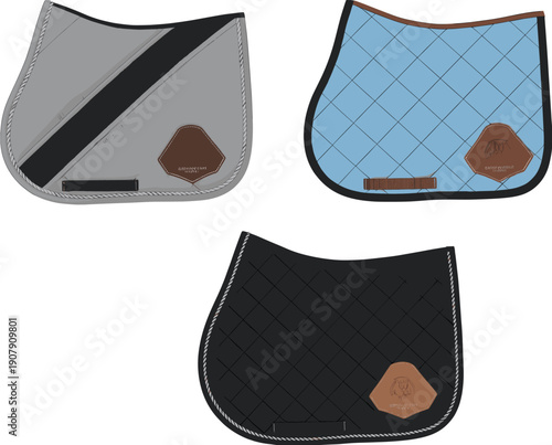 Set of three quilted horse saddle pads in grey blue and black colors featuring leather patches and decorative rope piping